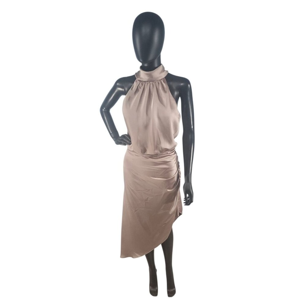 NWOT Latte Charmeuse Mock Neck Asymmetrical Cocktail Dress - Mori Lee